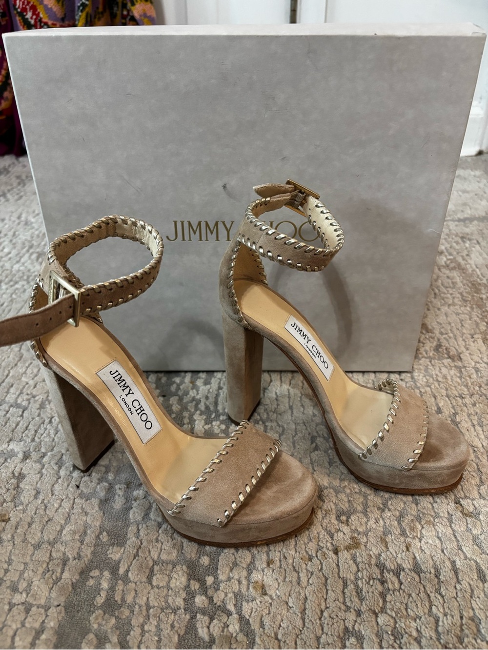 Jimmy Choo Holly Tan Suede Platform Ankle-Strap Sandals Womens 34.5